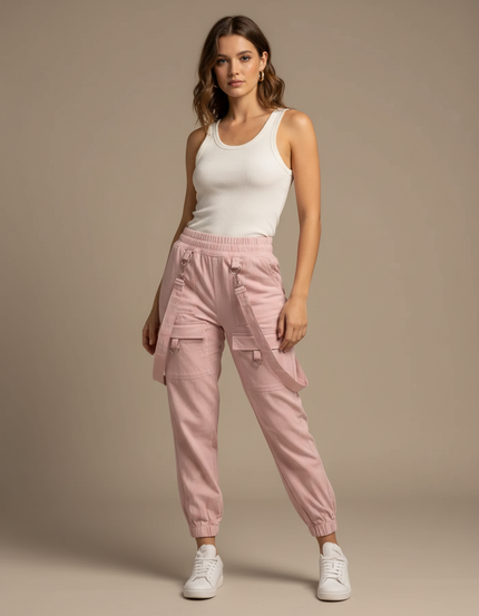 Pantalon Fluide Rose Cargo Bretelles Taille Haute Décontracté - Coton