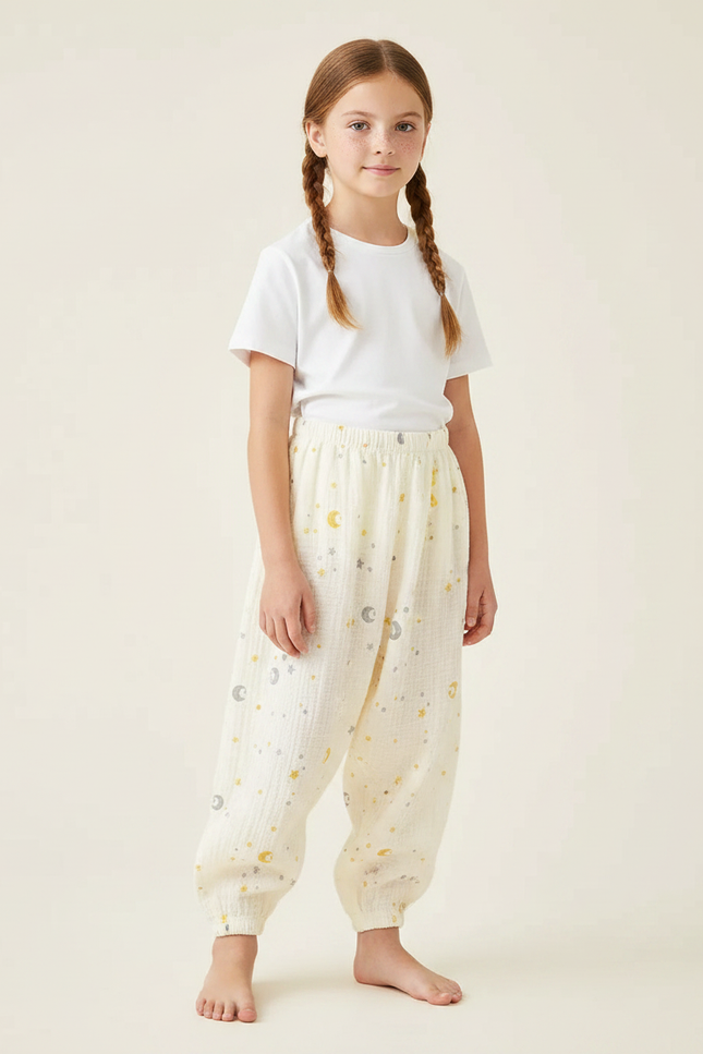Pantalon Fluide Écru Coton Ample Lune Étoiles - Beige