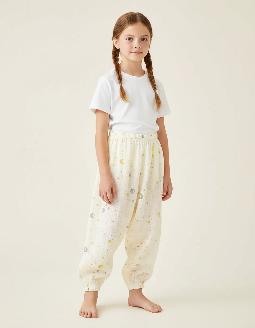 Pantalon Fluide Écru Coton Ample Lune Étoiles - Beige