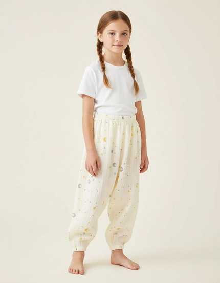 Pantalon Fluide Écru Coton Ample Lune Étoiles - Beige