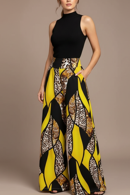 Pantalon Fluide Jaune Imprimé Léopard Ample Élégant - Viscose