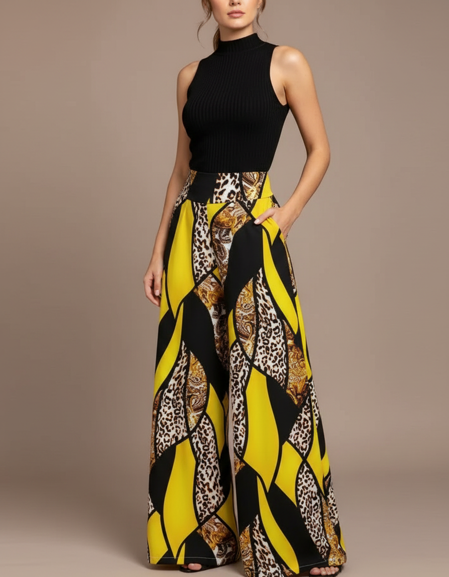 Pantalon Fluide Jaune Imprimé Léopard Ample Élégant - Viscose