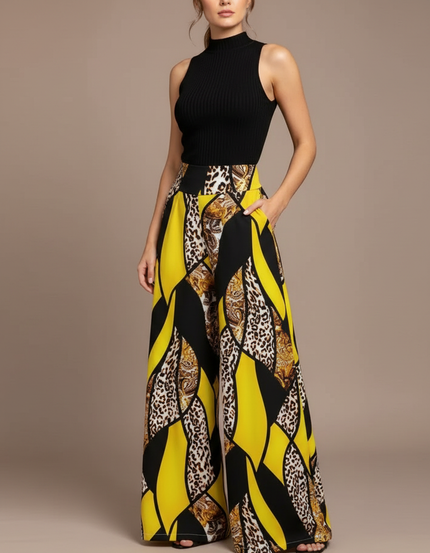 Pantalon Fluide Jaune Imprimé Léopard Ample Élégant - Viscose