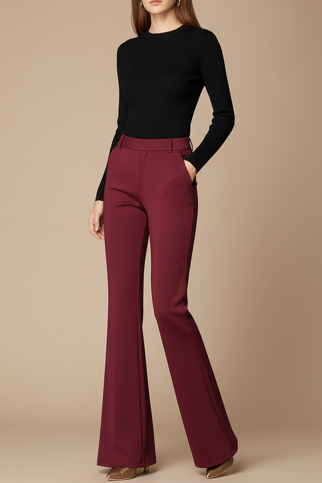 Pantalon Fluide Évasé Bordeaux Élégant Taille Haute Confortable - Polyester