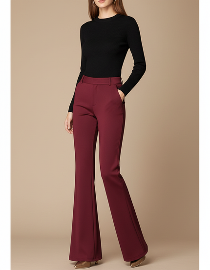 Pantalon Fluide Évasé Bordeaux Élégant Taille Haute Confortable - Polyester