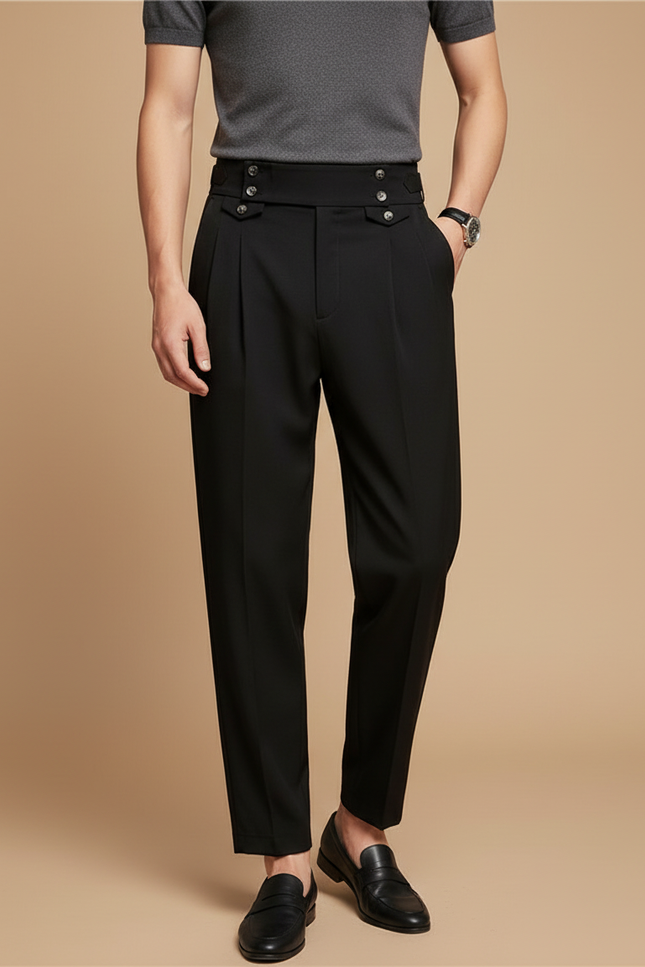 Pantalon Fluide Noir Plissé Taille Haute Homme Élégant - Polyester