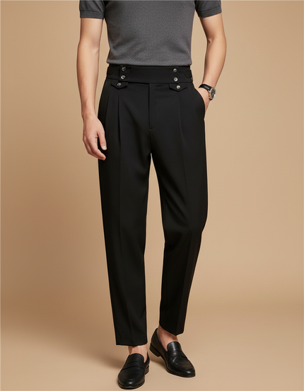 Pantalon Fluide Noir Plissé Taille Haute Homme Élégant - Polyester