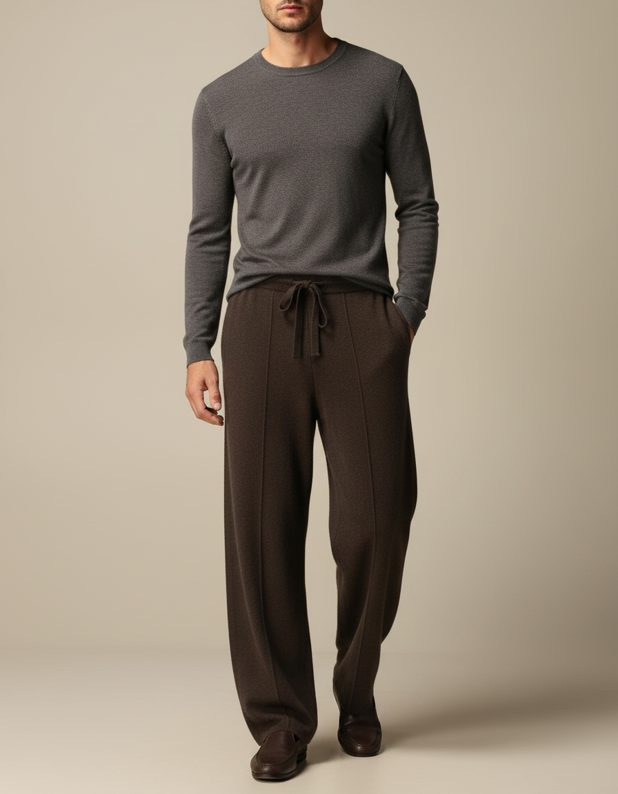 Pantalon Fluide Marron Tricoté Ample Décontracté Homme - Maille