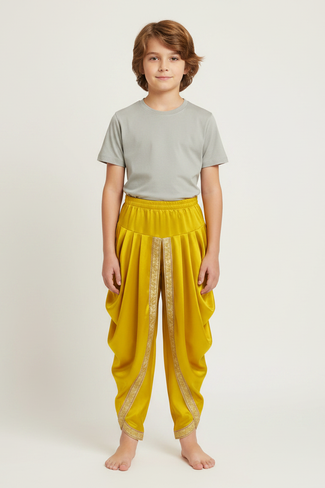 Pantalon Fluide Jaune Satiné Ample Drappé Or Enfant