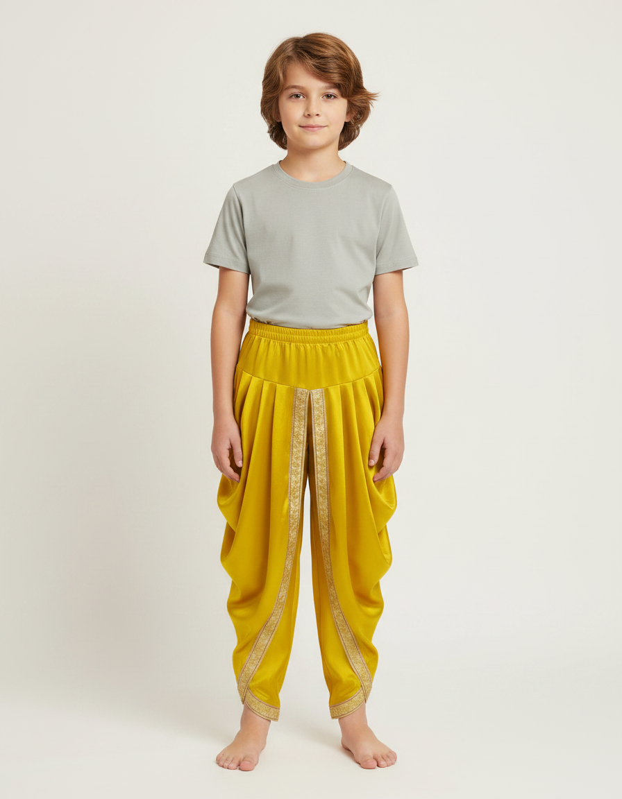 Pantalon Fluide Jaune Satiné Ample Drappé Or Enfant