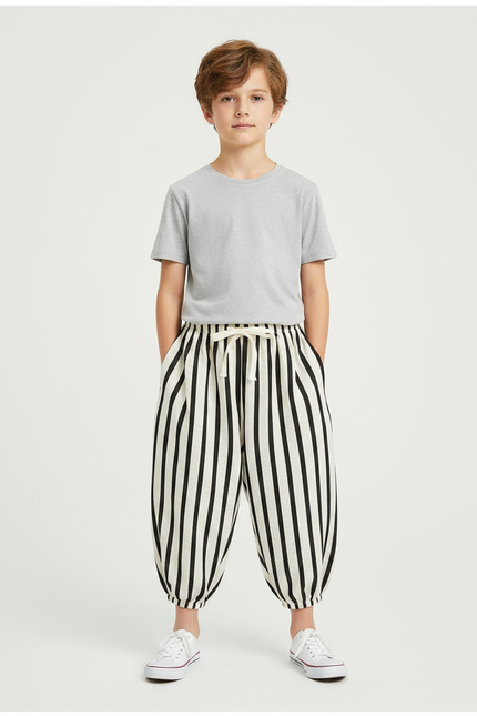 Pantalon Fluide Rayé Noir Blanc Ample Enfant - Multicolore Lin