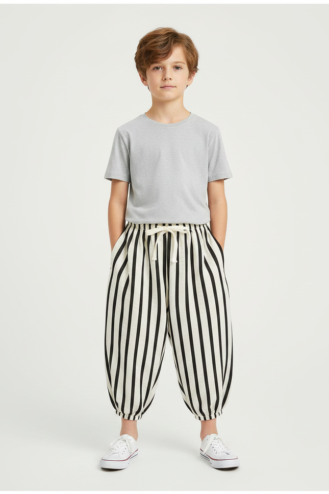 Pantalon Fluide Rayé Noir Blanc Ample Enfant - Multicolore Lin