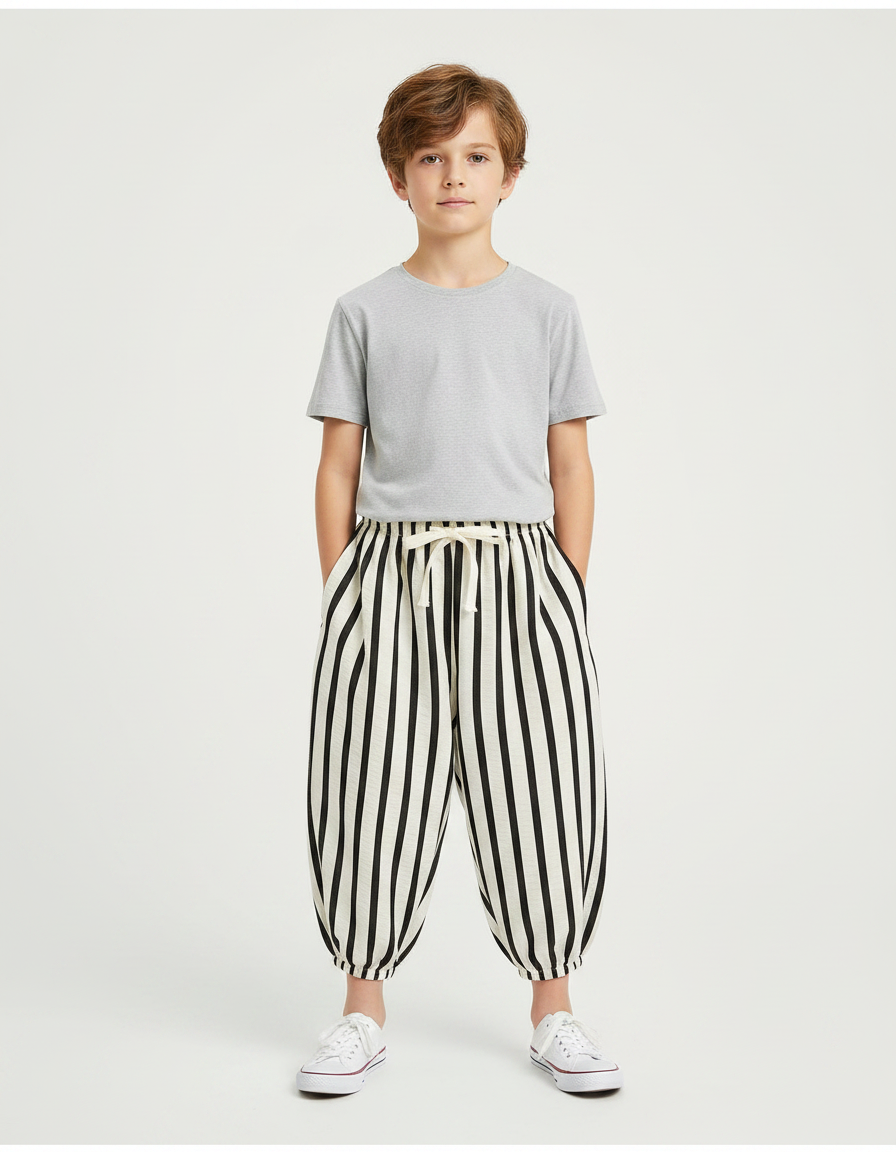 Pantalon Fluide Rayé Noir Blanc Ample Enfant - Multicolore Lin