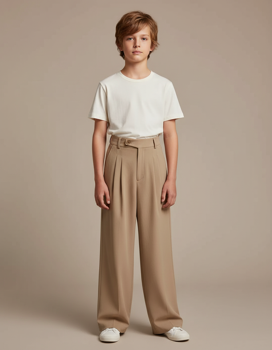Pantalon Fluide Beige Ample Plissé Confortable Enfant - Polyester
