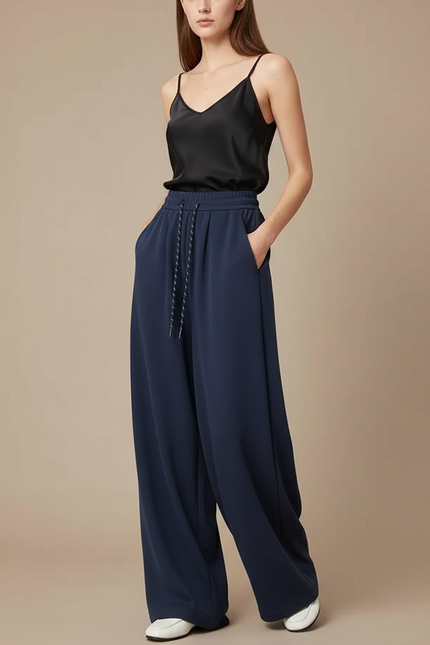 Pantalon Fluide Bleu Marine Ample Cordon Décontracté - Polyester