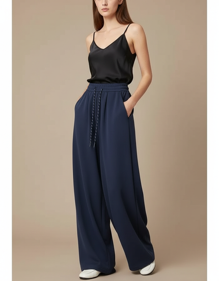 Pantalon Fluide Bleu Marine Ample Cordon Décontracté - Polyester