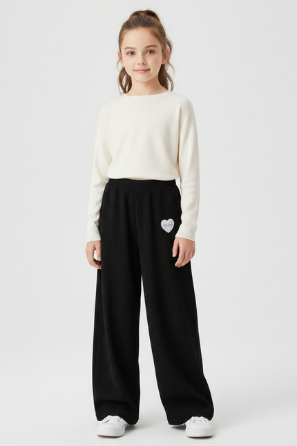 Pantalon Fluide Noir Côtelé Ample Confortable Fille - Cordé