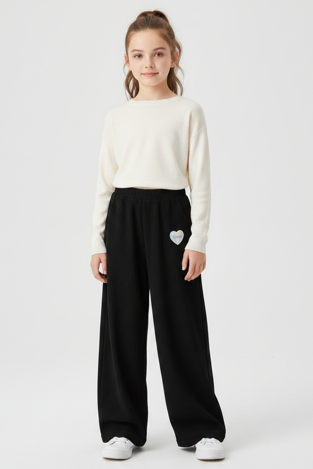 Pantalon Fluide Noir Côtelé Ample Confortable Fille - Cordé
