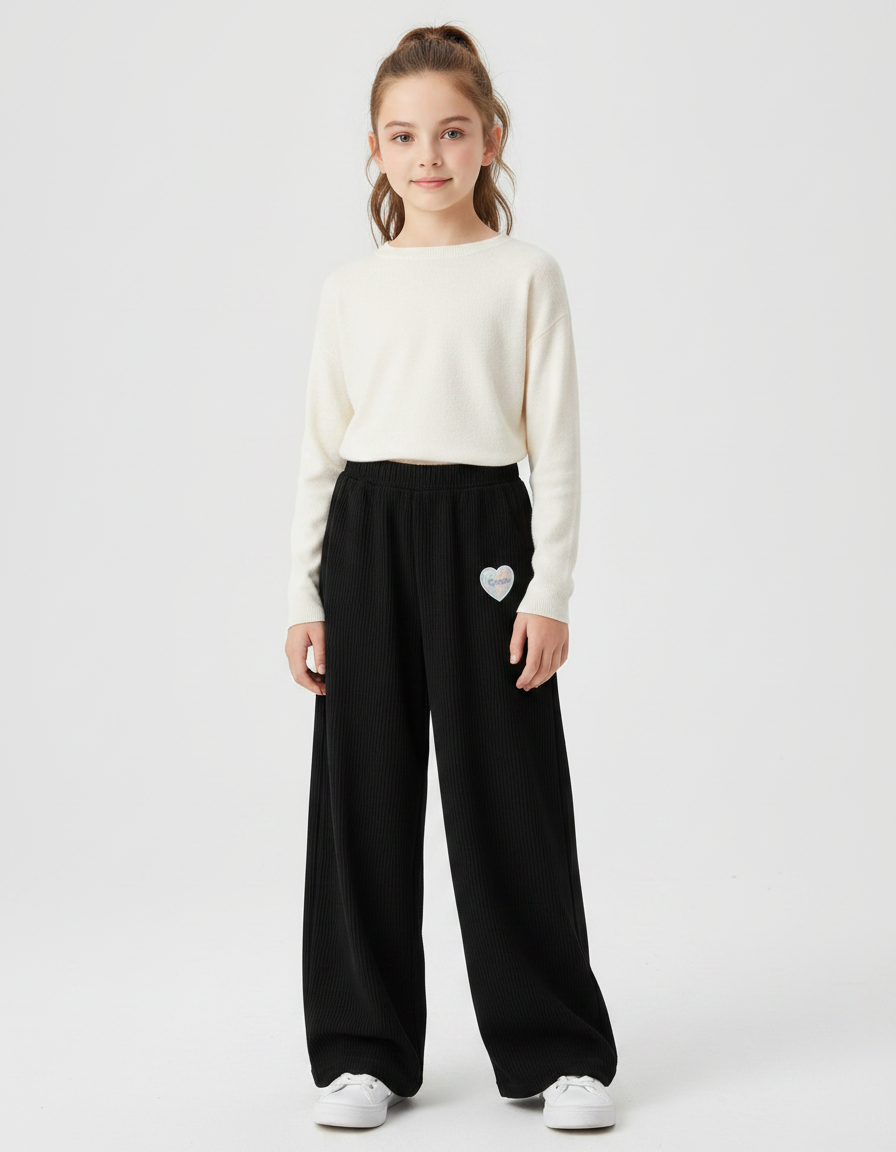Pantalon Fluide Noir Côtelé Ample Confortable Fille - Cordé