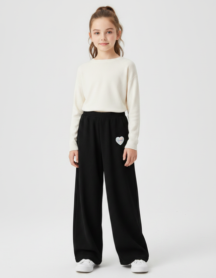 Pantalon Fluide Noir Côtelé Ample Confortable Fille - Cordé