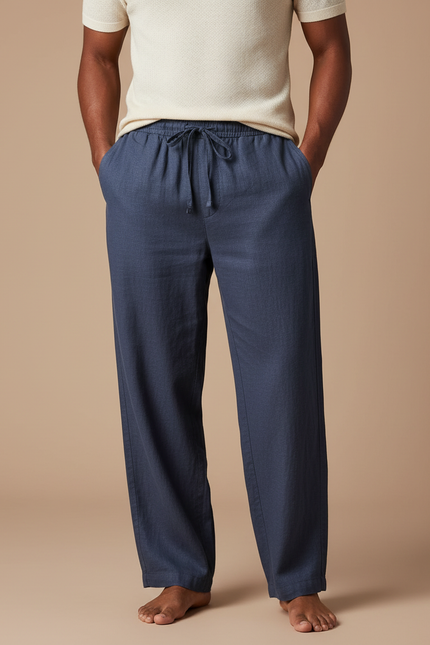 Pantalon Fluide Bleu Marine Coton Lin Ample Cordon