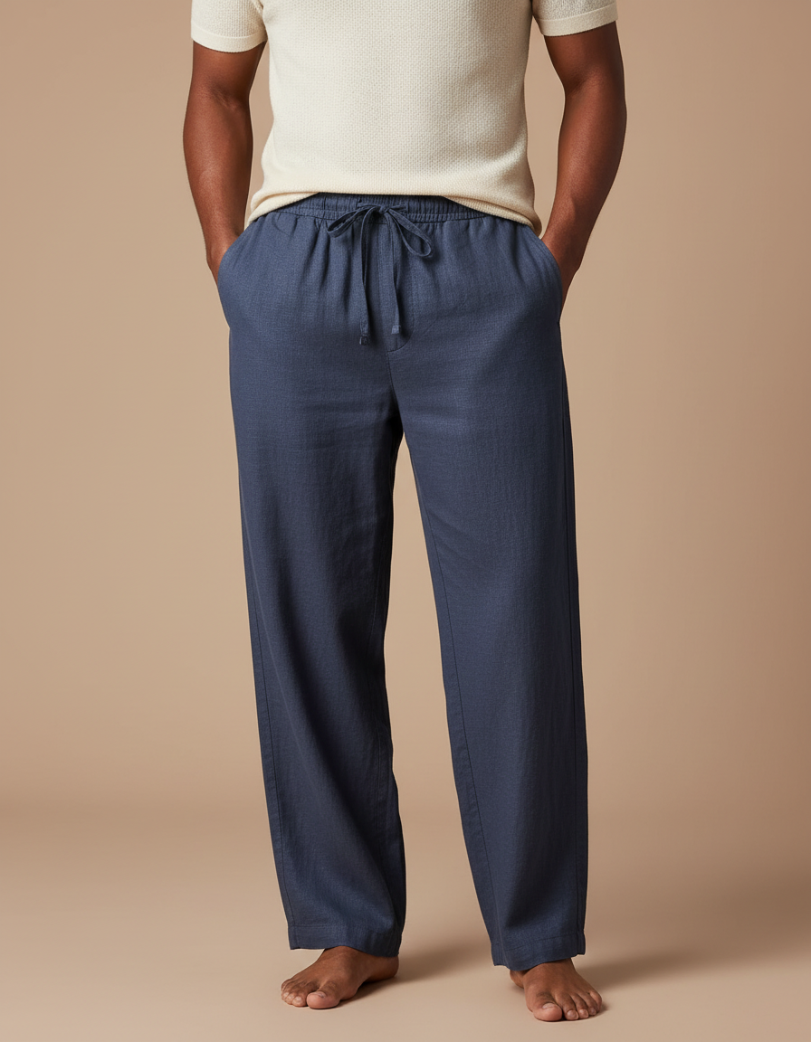 Pantalon Fluide Bleu Marine Coton Lin Ample Cordon