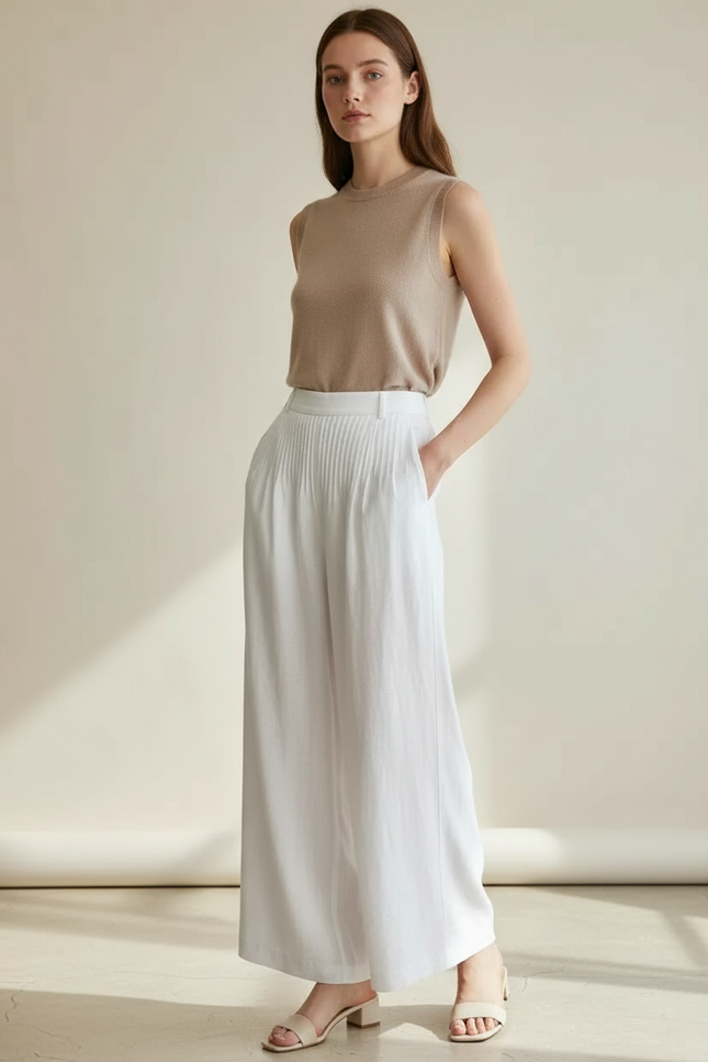 Ensemble Blouse Pantalon Fluide - Blanc Lin