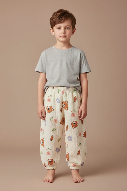 Pantalon Fluide Écru Ample Coton Imprimé Ours Fleuri - Beige