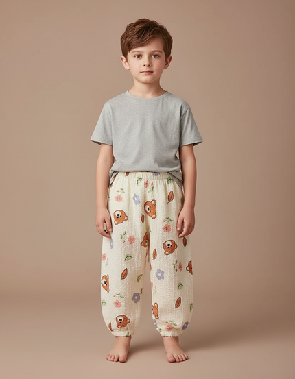 Pantalon Fluide Écru Ample Coton Imprimé Ours Fleuri - Beige