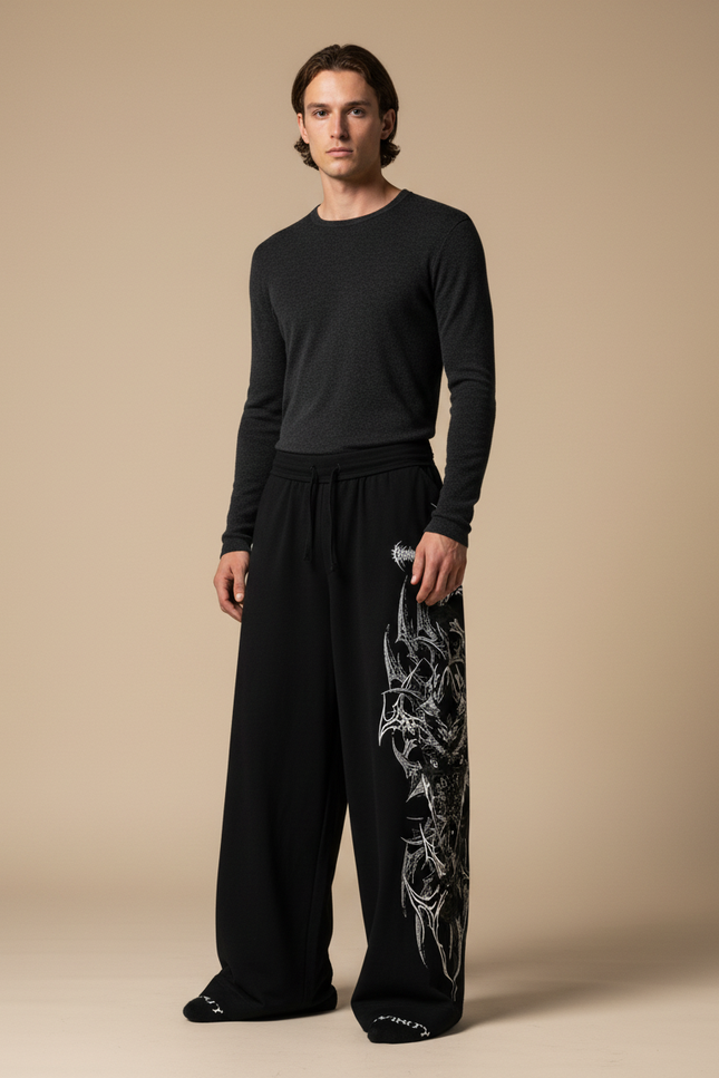 Pantalon Fluide Noir Ample Imprimé Gothique Décontracté Homme - Molleton