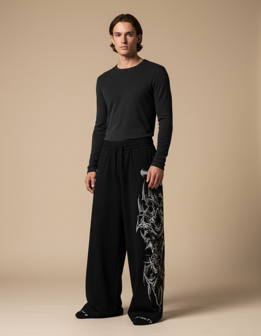 Pantalon Fluide Noir Ample Imprimé Gothique Décontracté Homme - Molleton