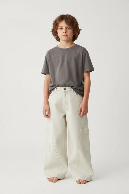 Pantalon Fluide Beige Large Cargo Coton Enfant Garçon - Jean