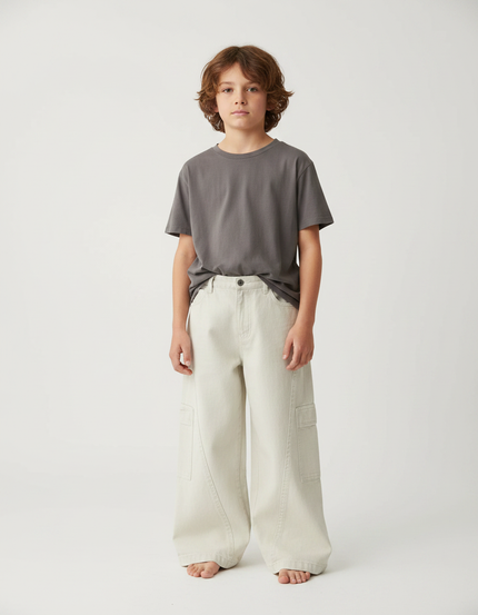 Pantalon Fluide Beige Large Cargo Coton Enfant Garçon - Jean
