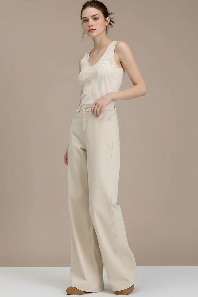 Pantalon Fluide Écru Ample Taille Haute Droit - Beige Jean