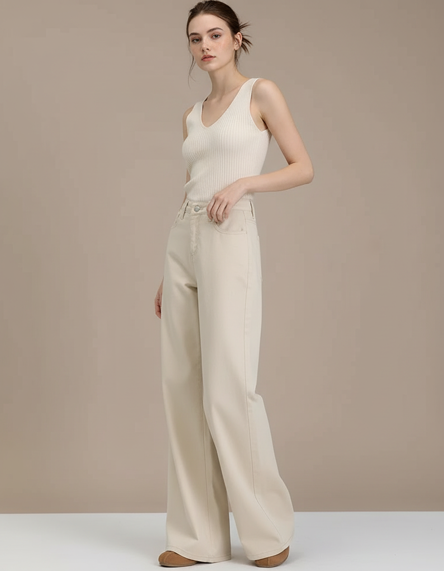 Pantalon Fluide Écru Ample Taille Haute Droit - Beige Jean