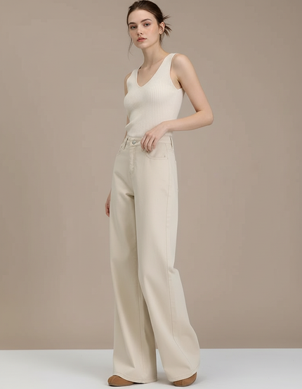 Pantalon Fluide Écru Ample Taille Haute Droit - Beige Jean