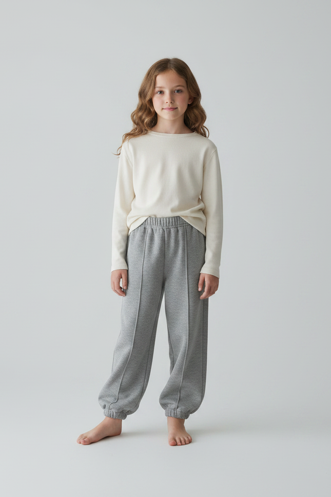 Pantalon Fluide Fille Gris Coupe Ample - Molleton