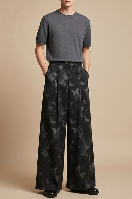 Pantalon Fluide Noir Ample Papillons Jacquard Taille Haute - Polyester