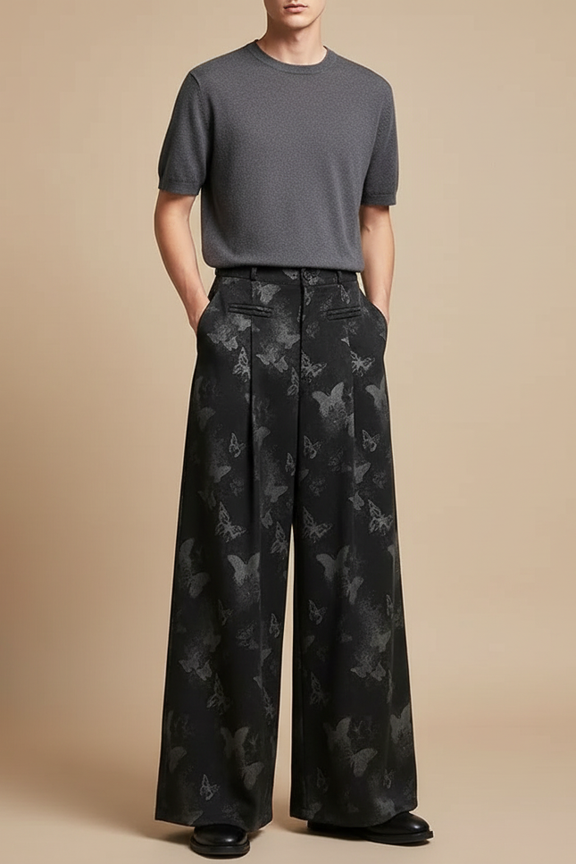 Pantalon Fluide Noir Ample Papillons Jacquard Taille Haute - Polyester