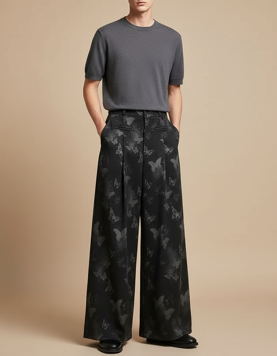 Pantalon Fluide Noir Ample Papillons Jacquard Taille Haute - Polyester