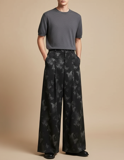 Pantalon Fluide Noir Ample Papillons Jacquard Taille Haute - Polyester