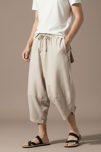 Pantalon Fluide Beige Rayé Ample Coton Lin