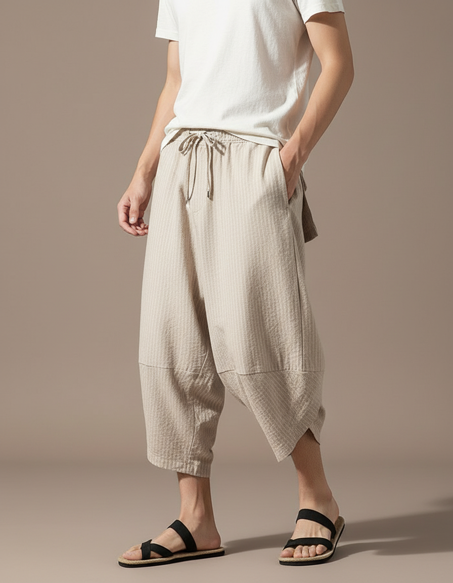 Pantalon Fluide Beige Rayé Ample Coton Lin