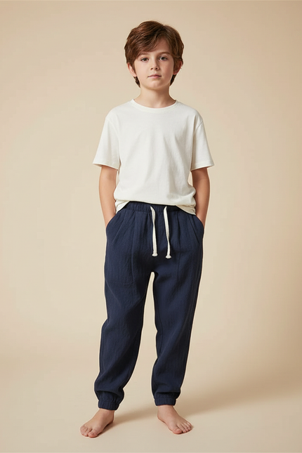 Pantalon Fluide Marine Coton Lin Ample Décontracté Enfant