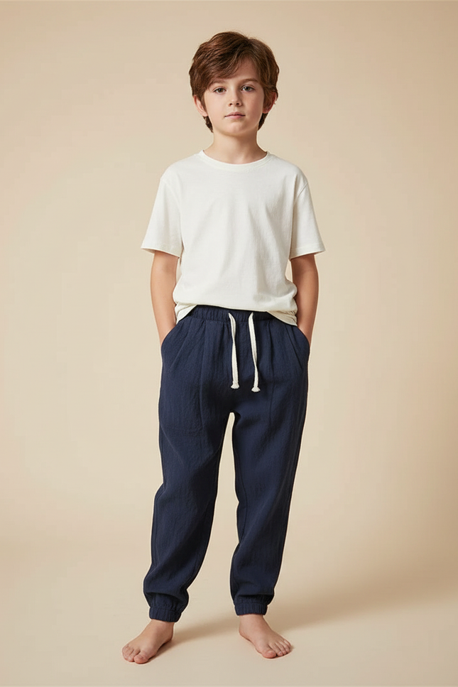 Pantalon Fluide Marine Coton Lin Ample Décontracté Enfant
