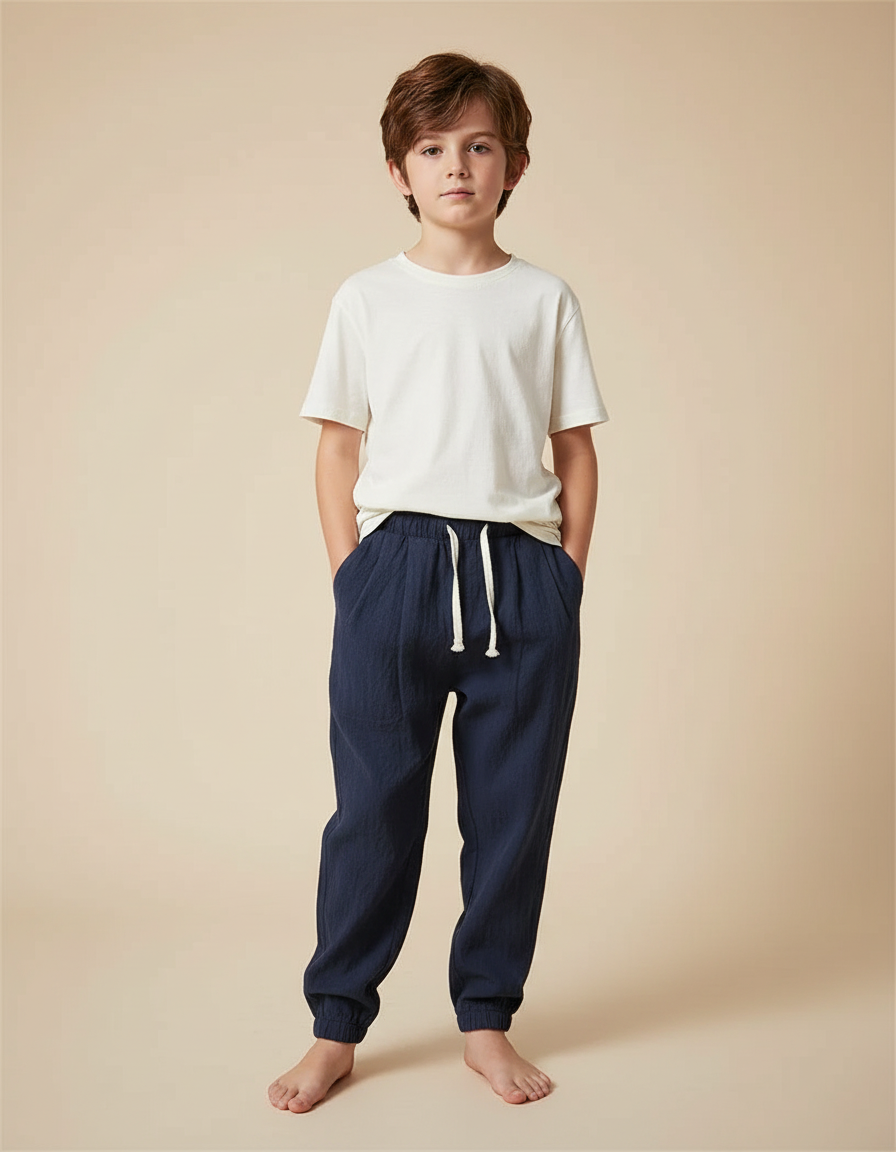 Pantalon Fluide Marine Coton Lin Ample Décontracté Enfant