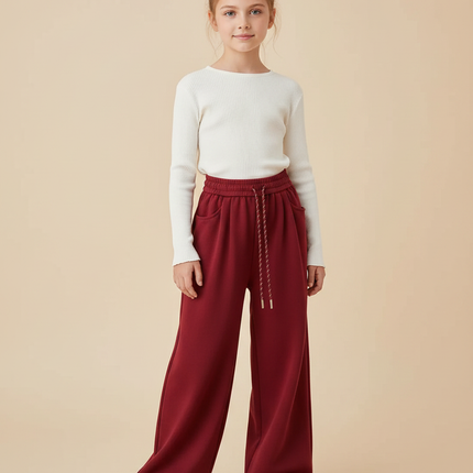 Pantalon Fluide Bordeaux Ample Cordon Décontracté Polyester