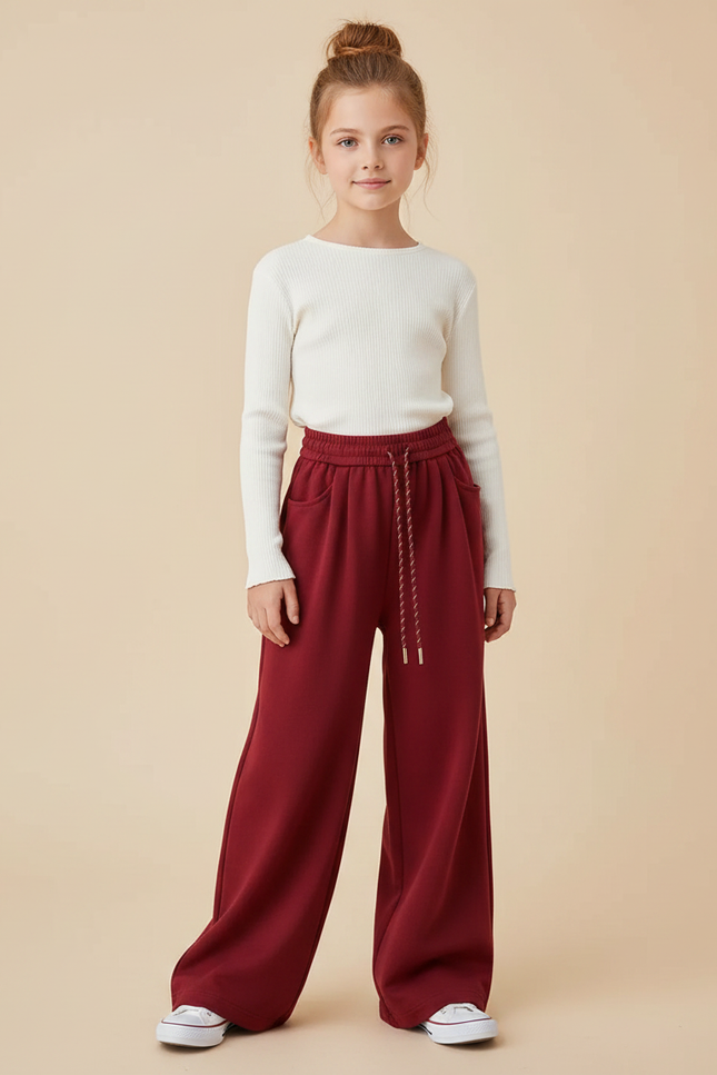 Pantalon Fluide Bordeaux Ample Cordon Décontracté Polyester