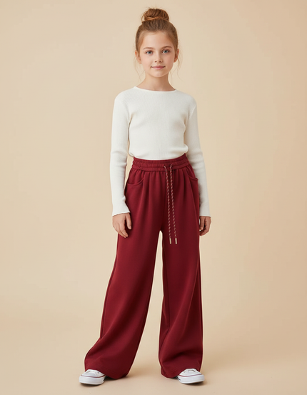 Pantalon Fluide Bordeaux Ample Cordon Décontracté Polyester