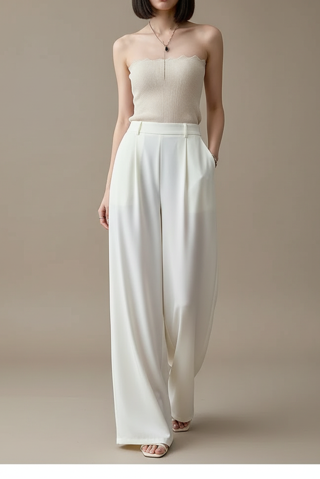 Pantalon Fluide Blanc Ample Taille Haute Satiné Élégant